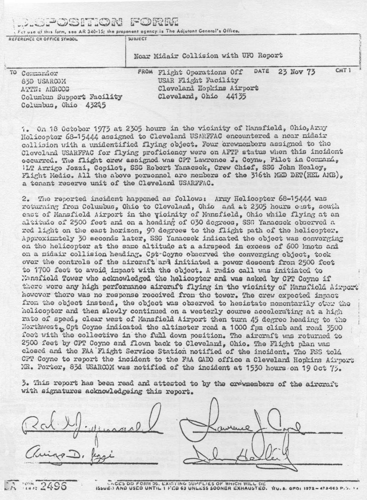 Army disposition form: Near Midair Collision with UFO Report (23 Nov 1973)