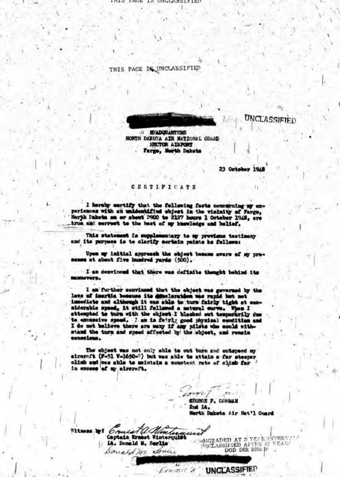 Gorman's signed certificate (23 Oct 1948)