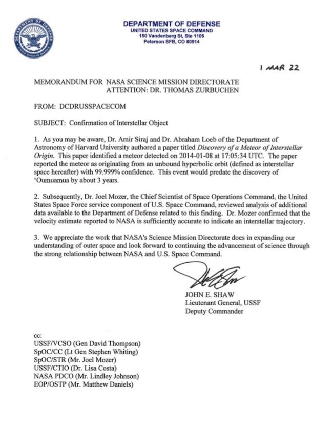 U.S. Space Command memo: "Confirmation of Interstellar Object" (1 March 2022)