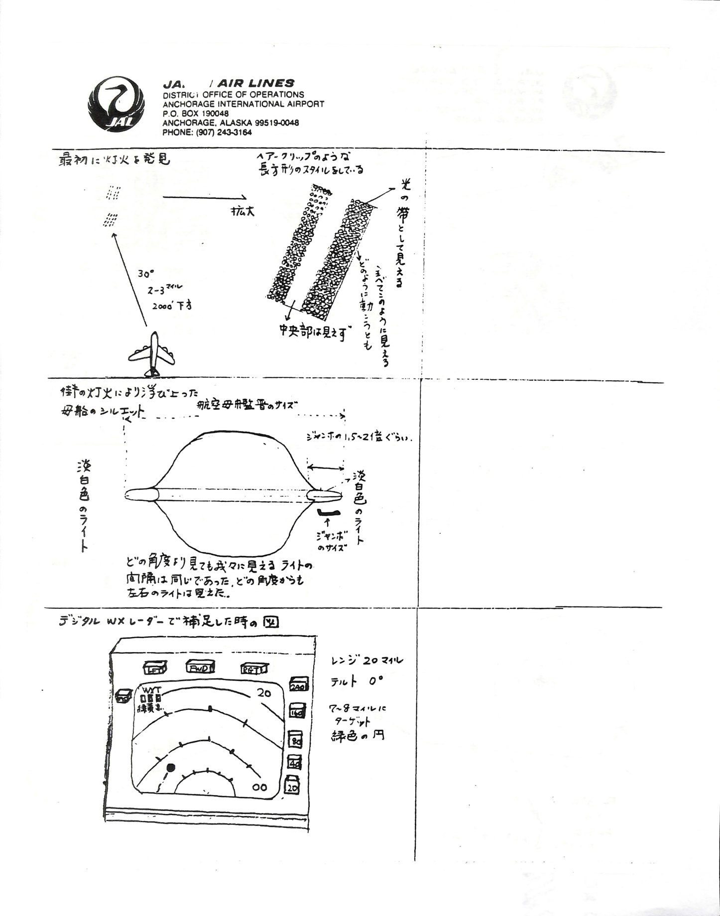Capt. Terauchi's drawings: lights, "mothership" silhouette and weather radar