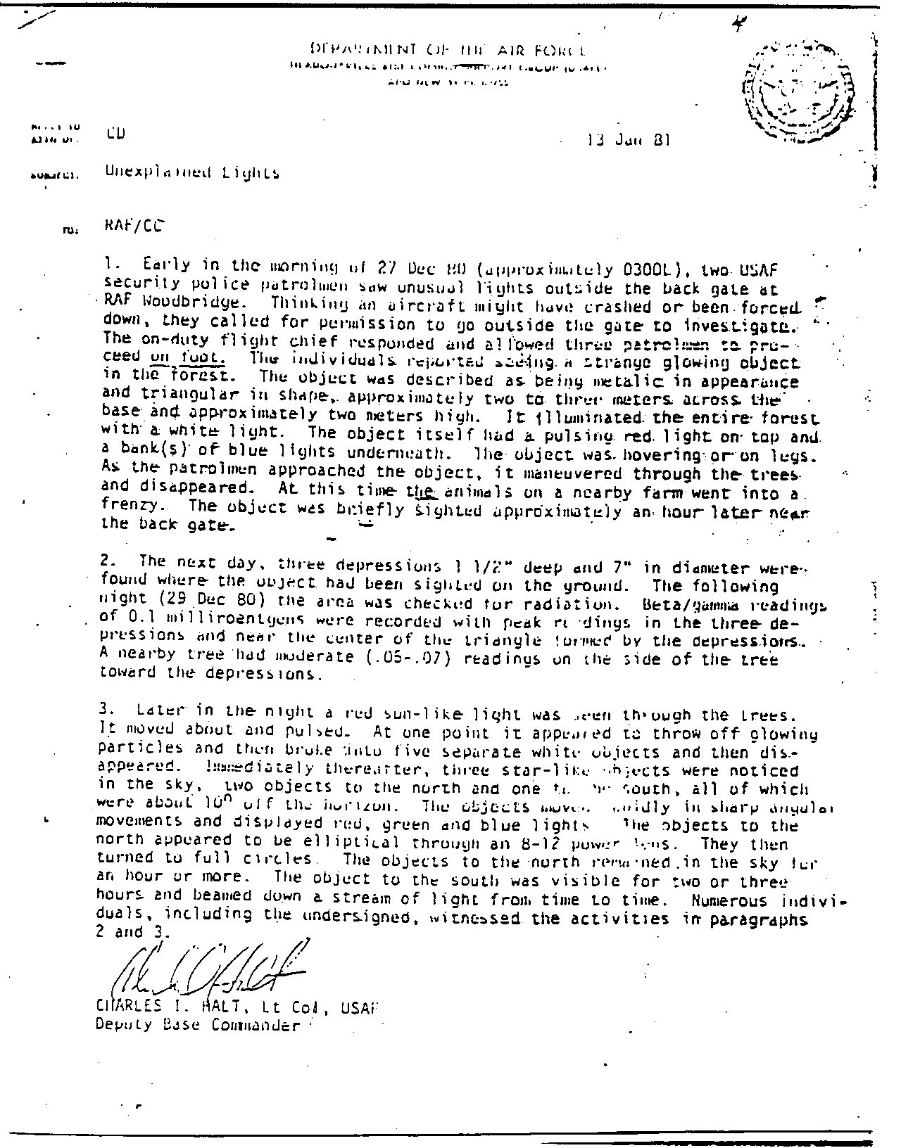 The Halt memo, 'Unexplained Lights' (13 January 1981)