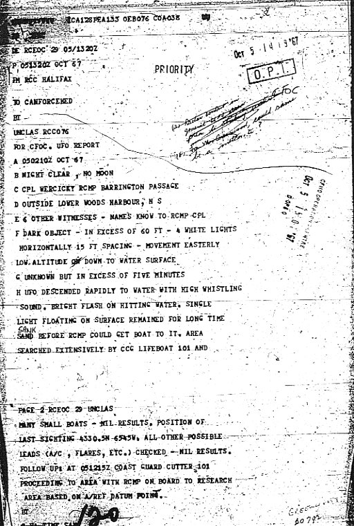 RCC Halifax UFO report telex to CANFORCEHED, 5 Oct 1967