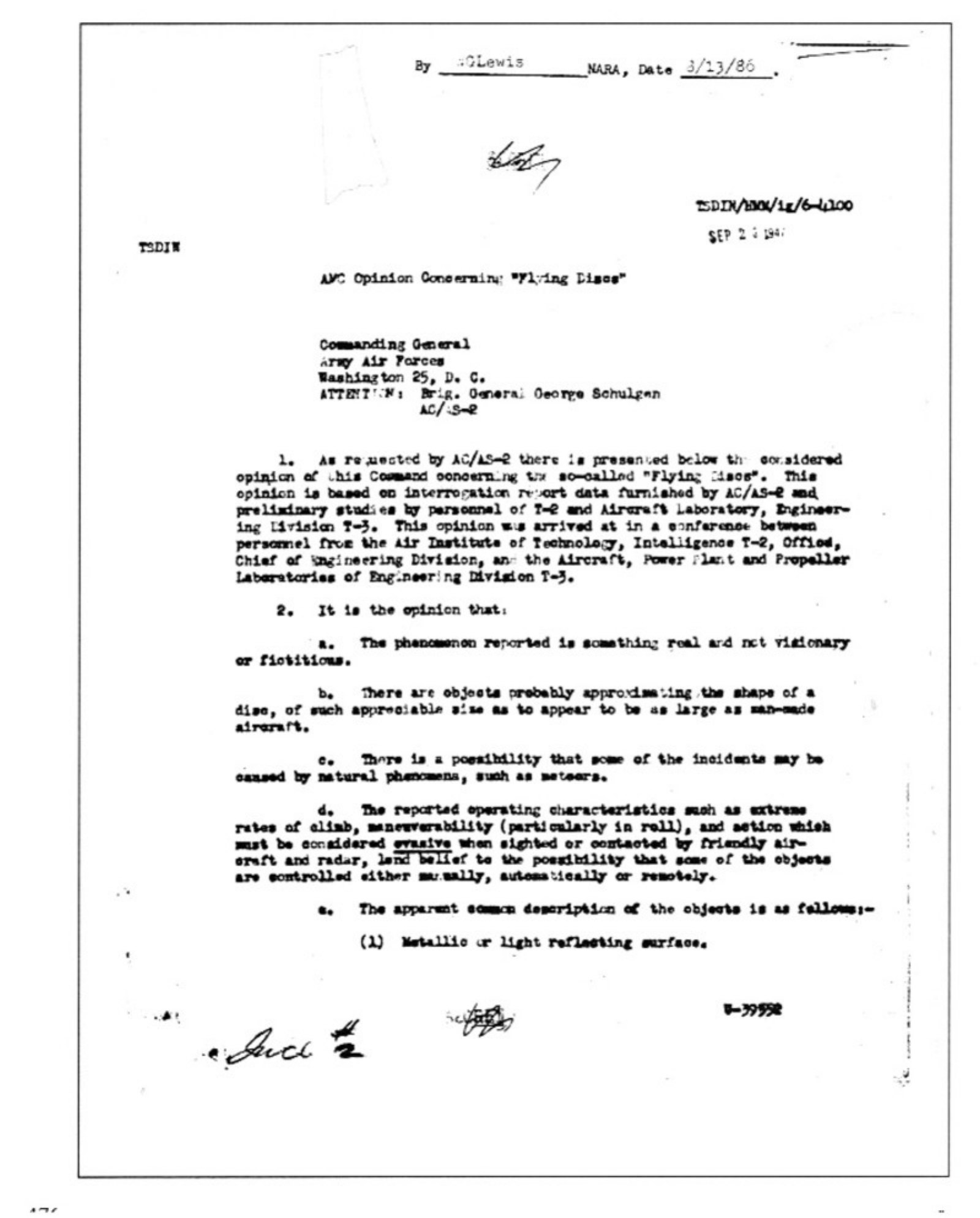 The Twining memo, page 1 (23 Sep 1947)