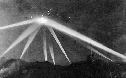 The Los Angeles Times searchlight photo, 25 February 1942. The published print was heavily retouched; the 'object at the apex' is partly darkroom work (LA Times/UCLA negatives, 2011).