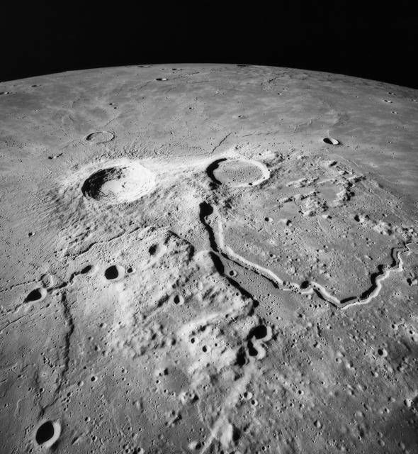 Aristarchus crater and Schröter's Valley, photographed by Apollo 15 in 1971 (S71-44666).