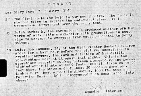 Page of the 415th Night Fighter Squadron war diary recording that "the Foo-fighters were at it again last night": orange lights between Wissembourg and Landau that followed a Beaufighter and vanished when it turned into them. Scan of the wartime squadron record.