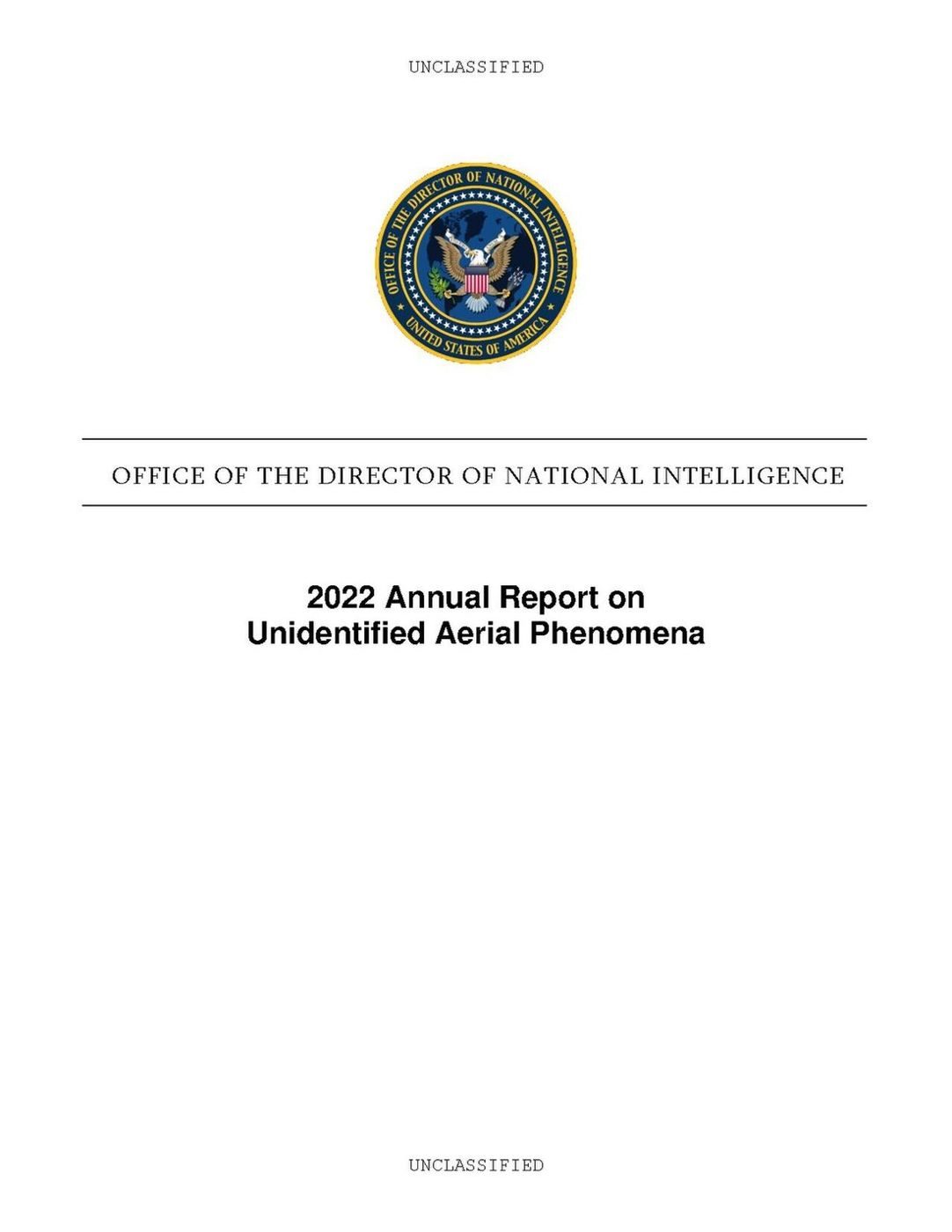 Cover: "2022 Annual Report on Unidentified Aerial Phenomena", ODNI, released 12 January 2023.