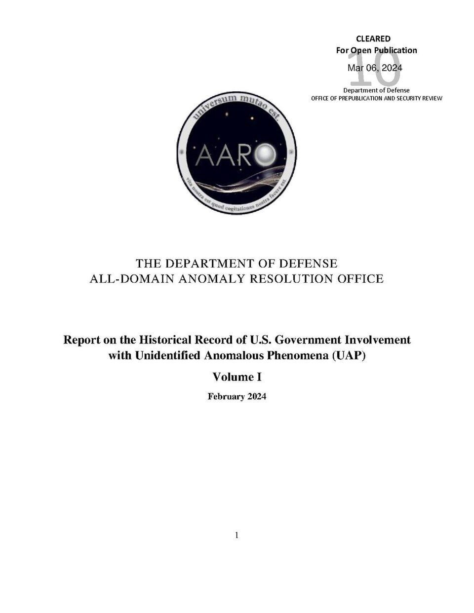 Cover of the AARO Report on the Historical Record of U.S. Government Involvement with UAP, Volume I.