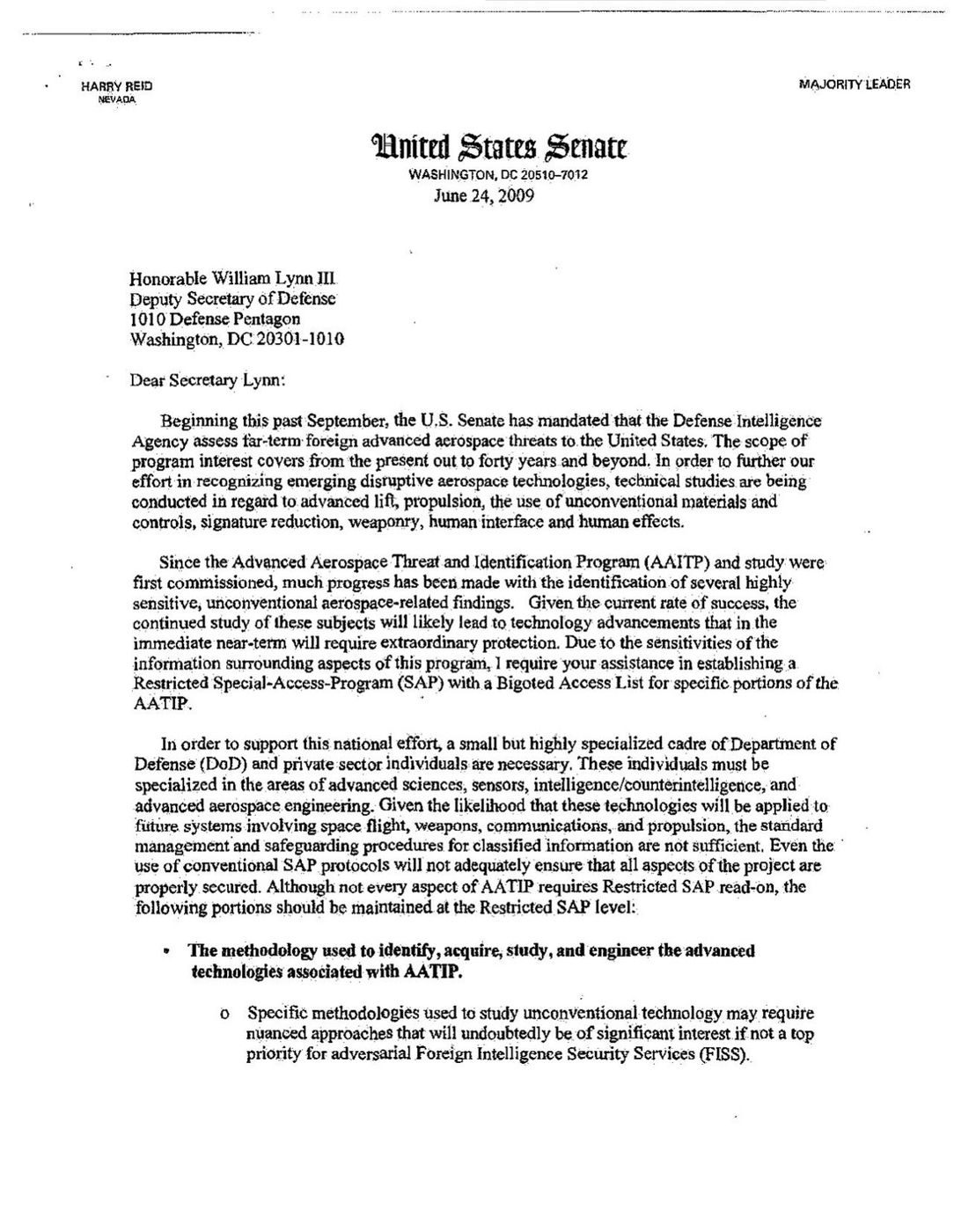Sen. Harry Reid to Deputy SecDef William Lynn, 24 June 2009: asks for a restricted Special Access Program for parts of the "Advanced Aerospace Threat and Identification Program (AATIP)".