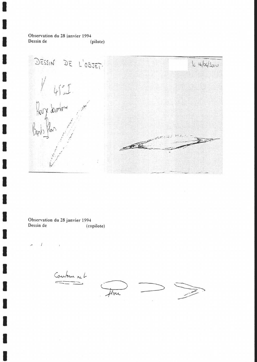Witness sketches. Page of the SEPRA/CNES investigation report on Air France AF3532 (28 Jan 1994) reproducing the captain's drawing (top: a long lens shape, annotated 'rouge/brun' and dated 14/06/2000) and the copilot's drawing (bottom: the shape changing from a sharp outline to a blurred ring and chevrons). The witnesses' names are masked on the scan.