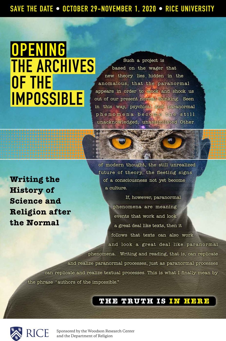 Poster for 'Opening the Archives of the Impossible', the Rice University conference of 29 October-1 November 2020, sponsored by the Woodson Research Center and the Department of Religion.