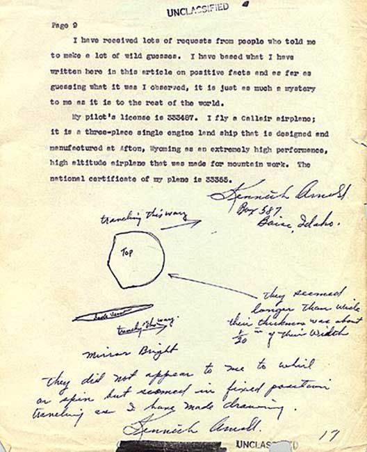 Page of Kenneth Arnold's own typed, handwritten and illustrated report sent to the Commanding General, Army Air Forces, Wright Field, describing the nine objects he saw near Mount Rainier on 24 June 1947, with his sketch of their shape. Later part of the Project Blue Book files.