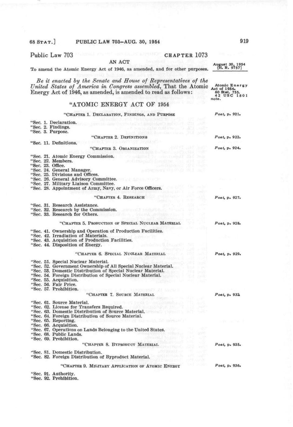 First page of the Atomic Energy Act of 1954 (Public Law 83-703, 68 Stat. 919), approved August 30, 1954.