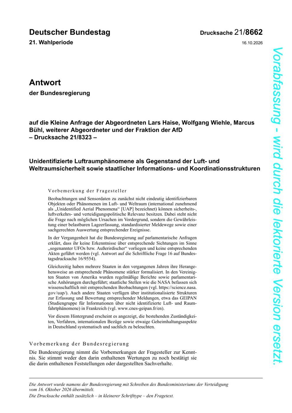Primary document. Page 1 of Bundestag Drucksache 21/8662 (16 Oct 2026, advance version): the Federal Government's answer to the AfD Kleine Anfrage 21/8323 on unidentified aerial phenomena as a question of air and space security.