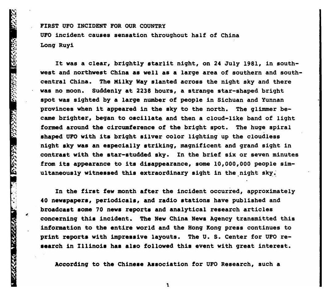 Document: first page of the US Air Force Foreign Technology Division's 1983 translation of Long Ruyi, 'First UFO Incident for Our Country' (Hangtian no. 4, 1982), describing the 24 July 1981 spiral seen across south-west and north-west China at 22:38. The '10,000,000 witnesses' figure is the article's claim. The article itself says only 'a few blurred photos' of the event exist.