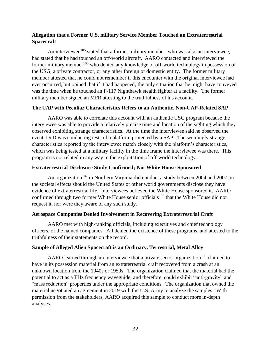 Page 32 of AARO's Historical Record Report Vol. I (2024), with the section 'Extraterrestrial Disclosure Study Confirmed; Not White House-Sponsored' on the 2004-07 Northern Virginia study.