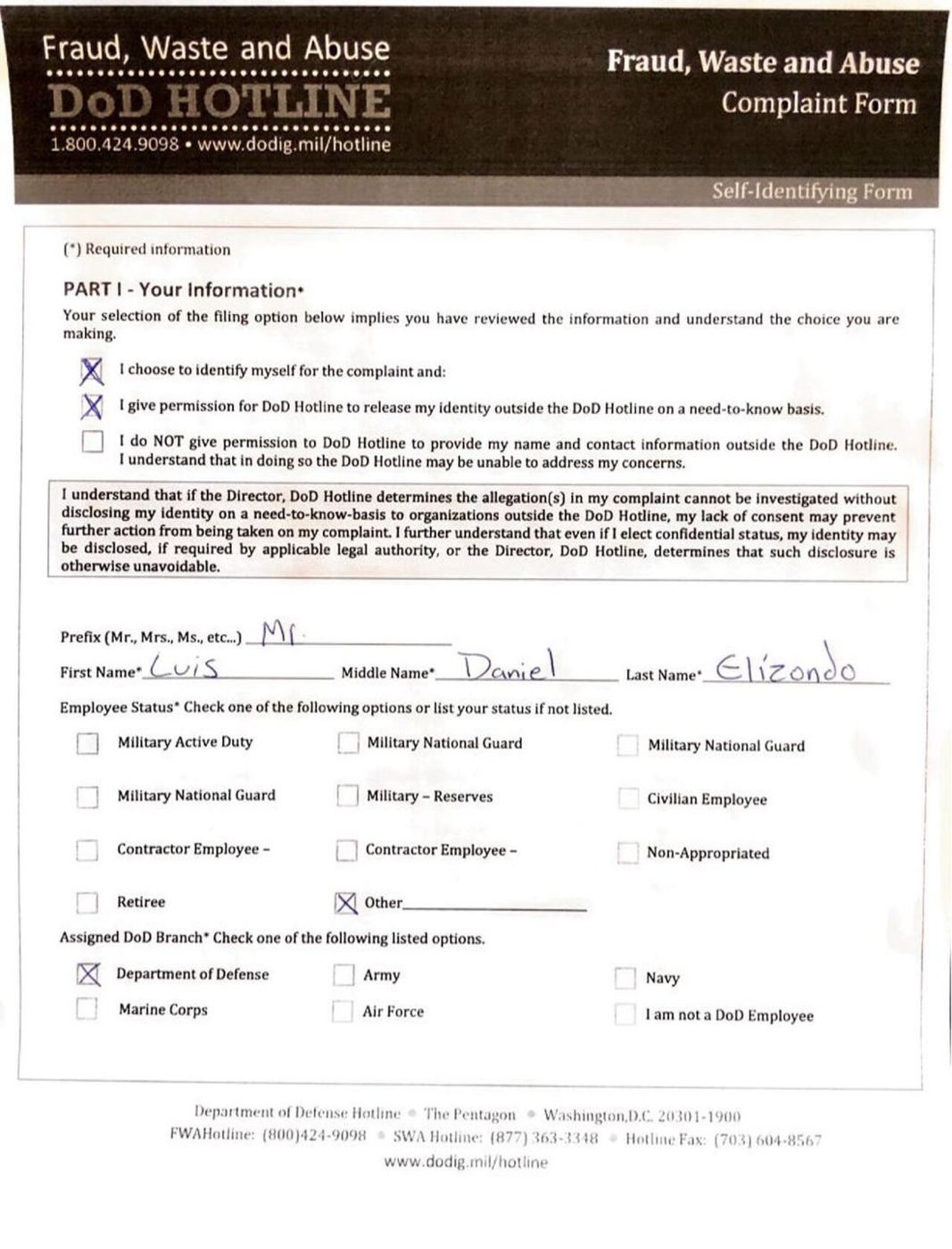 Elizondo's DoD Inspector General hotline complaint (2021, released under FOIA), page 1. He names OSD officials including the public affairs office (Susan Gough, page 3) over statements that he had no role in AATIP.