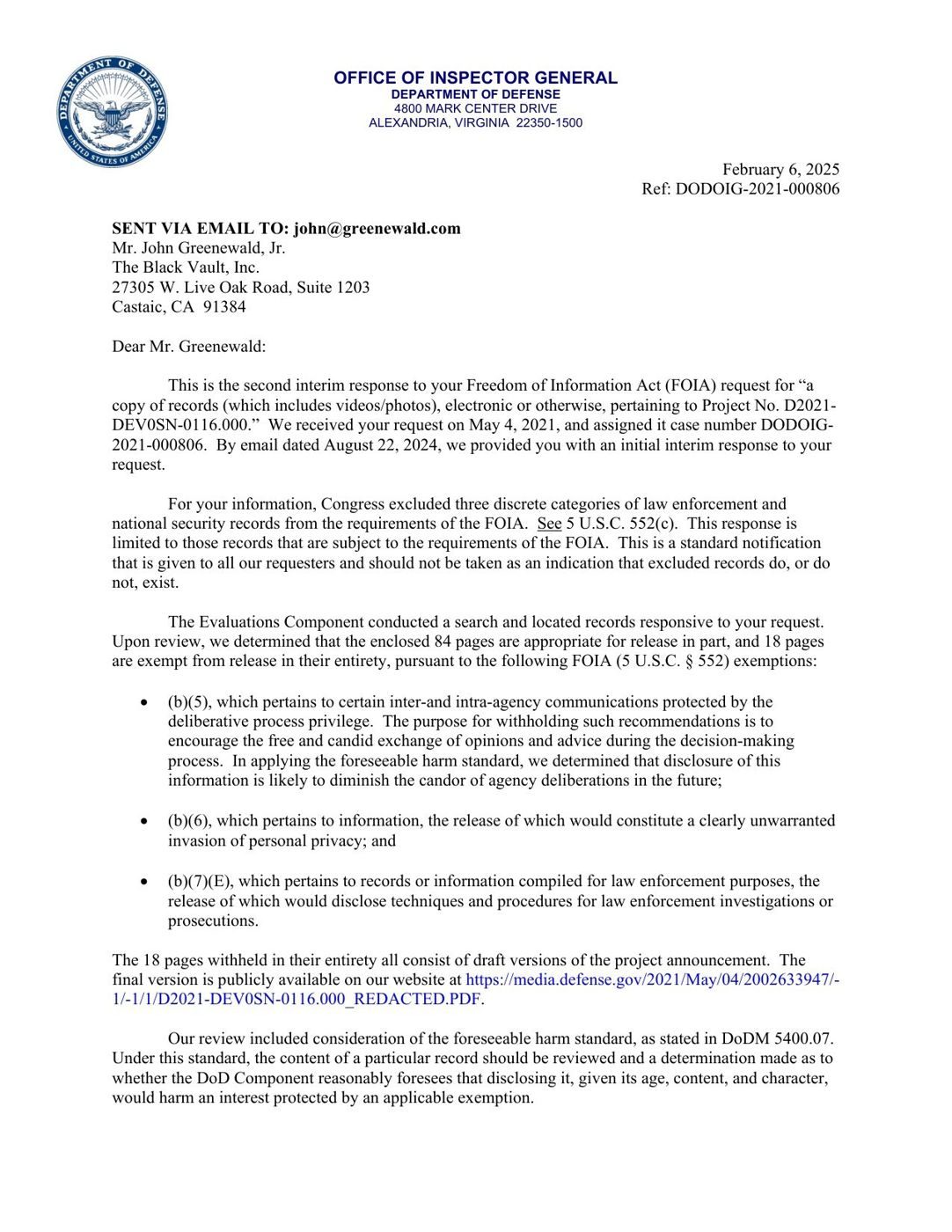 First page of the DoD Inspector General's second interim FOIA response (6 February 2025, case DODOIG-2021-000806) on its UAP evaluation, project D2021-DEV0SN-0116.000.