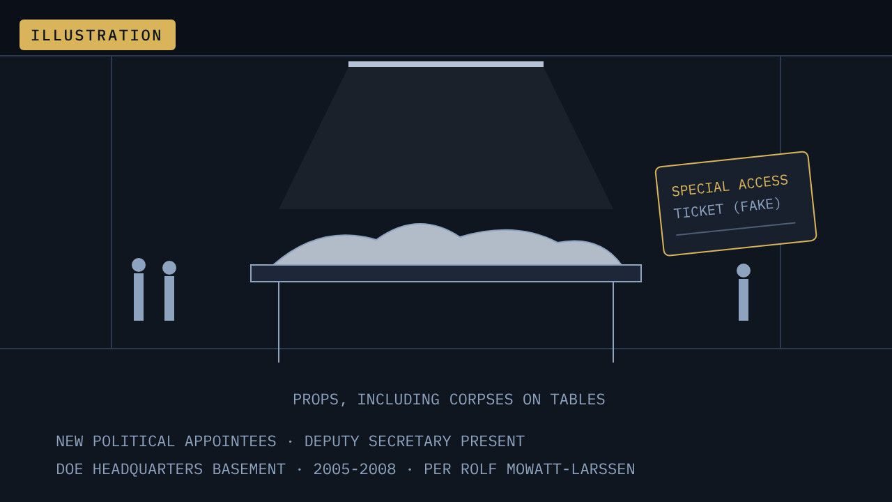 Illustration. Drawn from Rolf Mowatt-Larssen's account (American Alchemy, 2026): new DOE political appointees briefed in the headquarters basement, 2005-2008, with fake special-access tickets and props including corpses on tables. Layout is schematic.