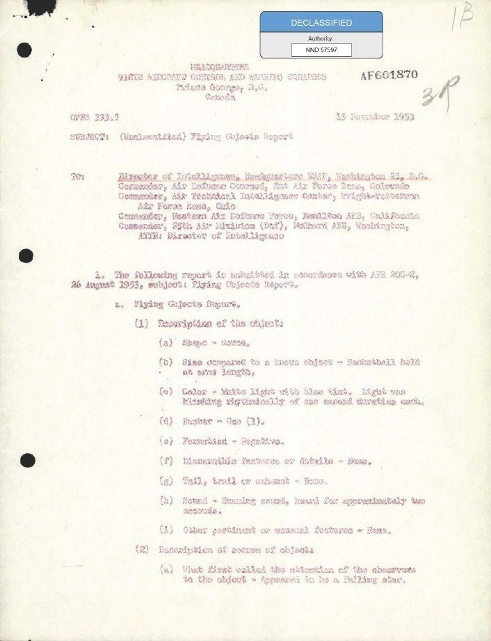 Flying Object Report, Canada, 1953 (DOW-UAP-D158).