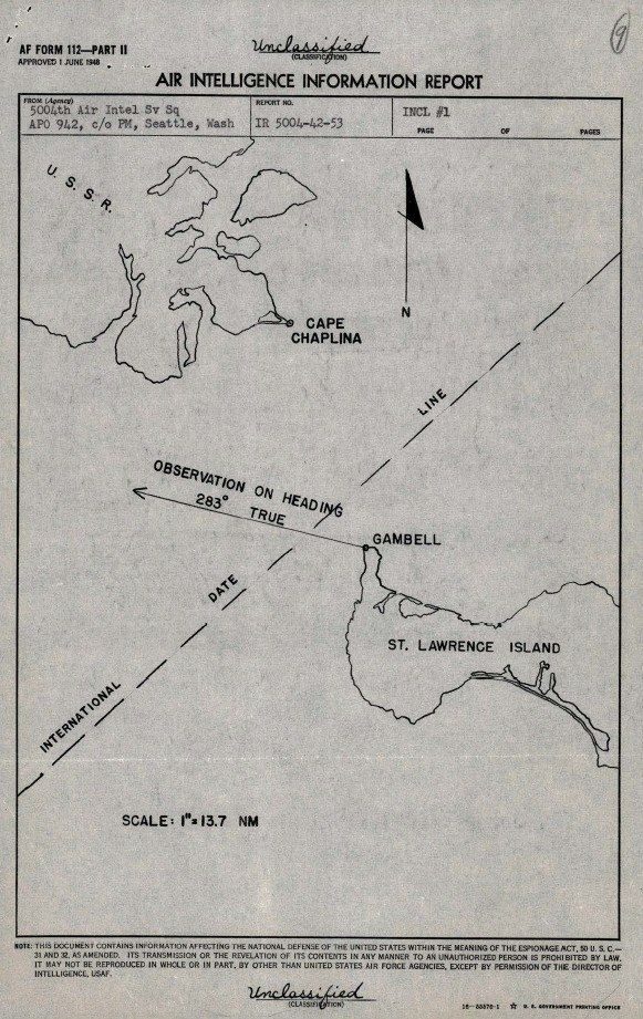 Air Intelligence Information Report, Alaska, 1953, with its sketch map of the sighting (DOW-UAP-D162).