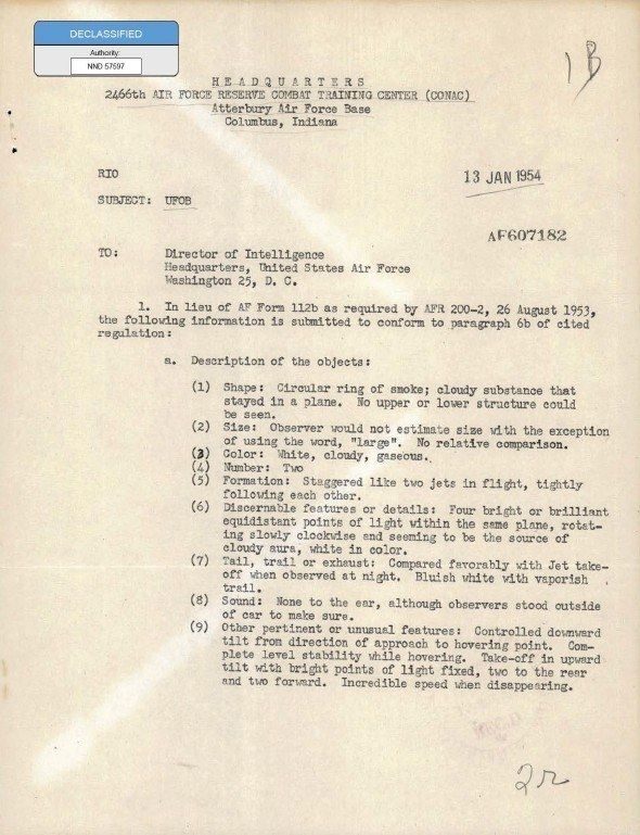Flying Object Report, Indiana (DOW-UAP-D164).