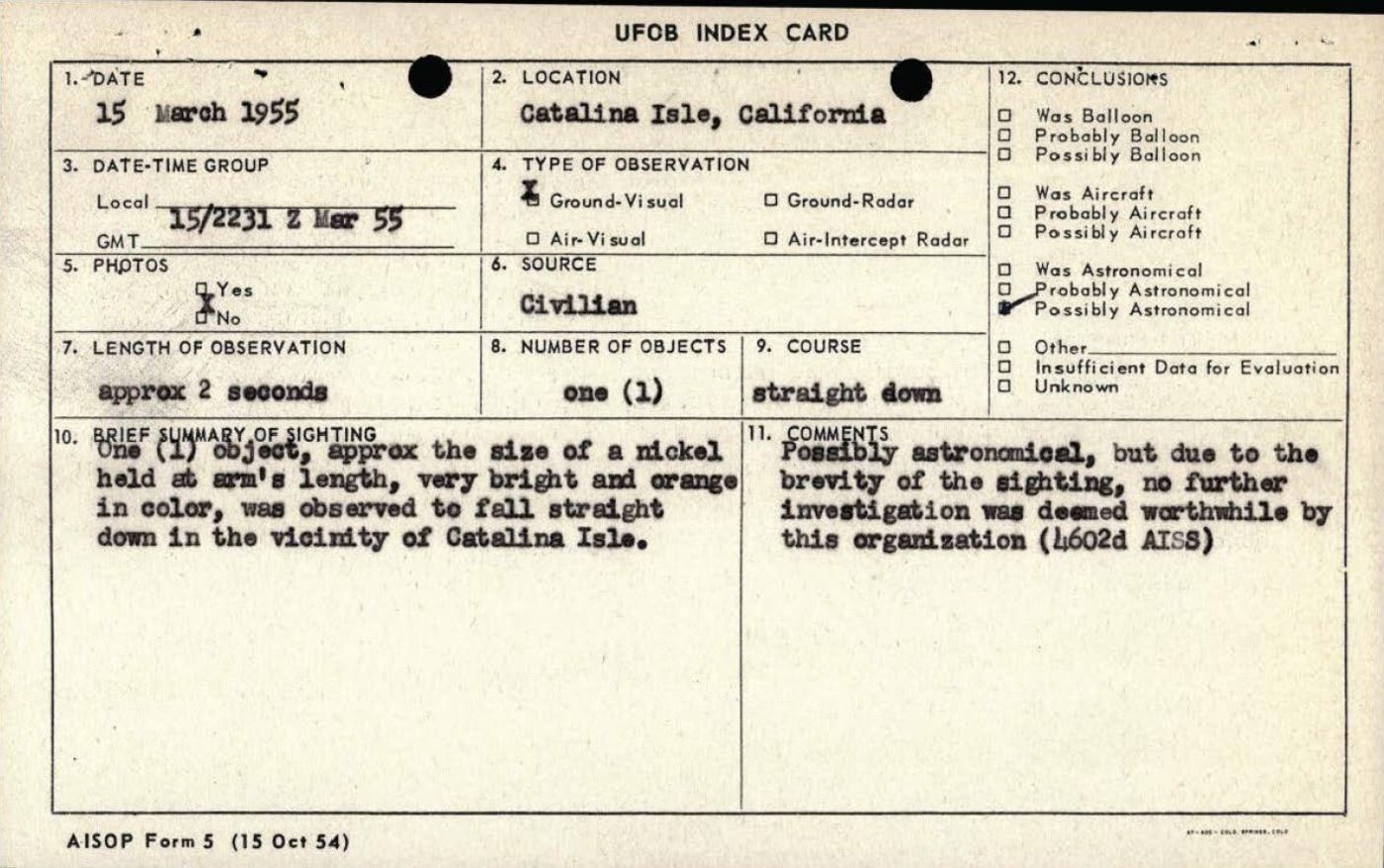 Unresolved UAP report card, Catalina Island, 1955 (DOW-UAP-D177).
