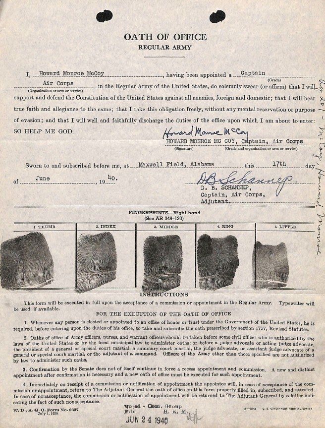 Howard McCoy's oath of office and fingerprint card from his final personnel record (DOW-UAP-D180).