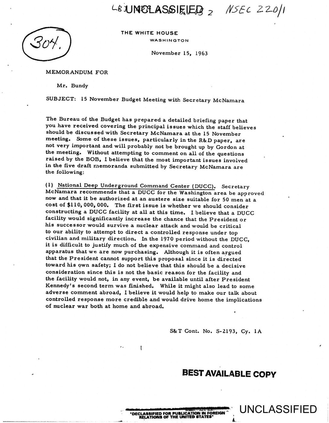 Page 1 of Spurgeon Keeny's 15 November 1963 White House memo to McGeorge Bundy, which opens with McNamara's proposal for a National Deep Underground Command Center (DUCC).