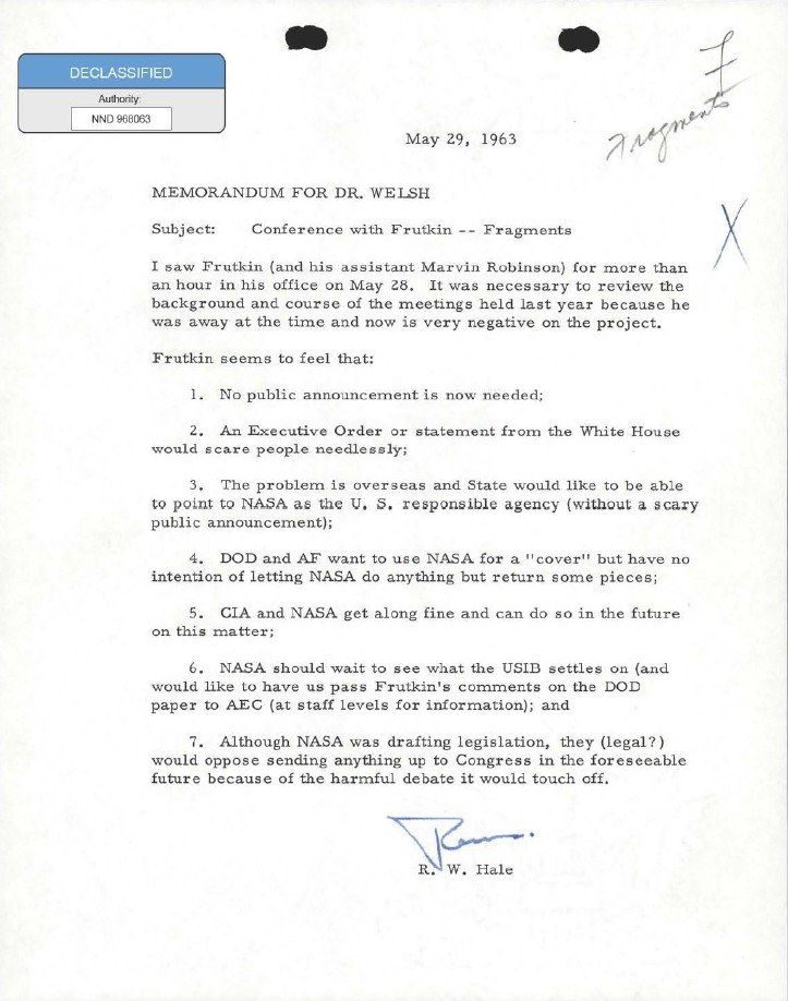 May 1963 memo on interagency coordination for recovering foreign materiel (EOP-UAP-D002).