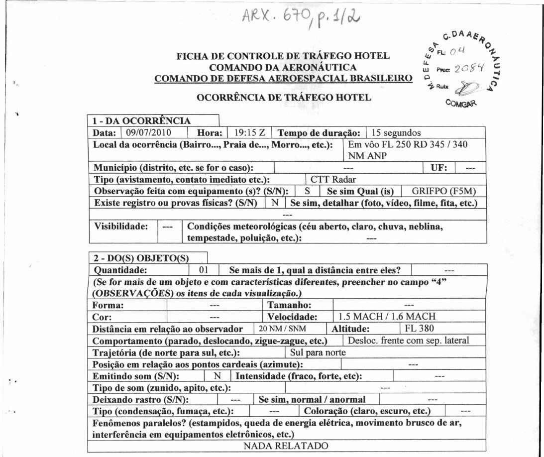 Primary document. COMDABRA 'Ficha de Controle de Tráfego Hotel' (ARX.0.0.670), sections 1–2: 9 Jul 2010, 19:15Z, F-5M Grifo radar contact, target at FL380 logged at Mach 1.5–1.6, south to north, 15 s. Cropped above the observer section.