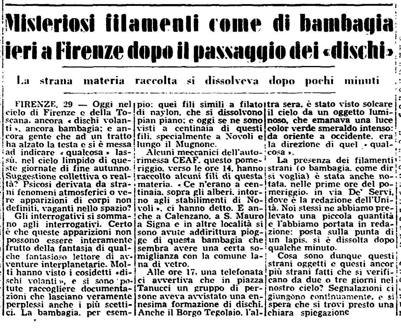 Document: l'Unità, 30 Oct 1954, p. 8 (cropped): 'Misteriosi filamenti come di bambagia ieri a Firenze dopo il passaggio dei «dischi»'. CEAF garage mechanics collected strands at Novoli; the paper's own staff picked some up in Via de' Servi and saw them dissolve within minutes.