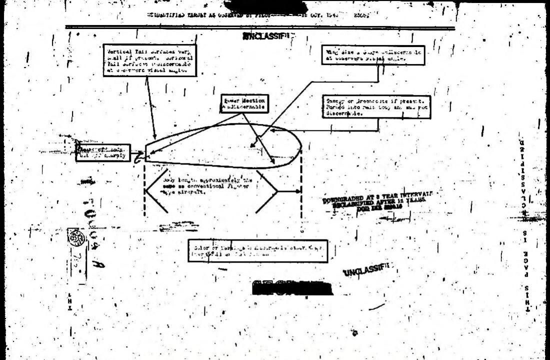 Crew sketch from the Project Blue Book file: 'Unidentified target as observed by pilot', 15 Oct 1948, 2305. A teardrop body 'approximately the same as conventional fighter-type aircraft' in length, with no discernible wings, tail surfaces, canopy or power section. Microfilm copy, poor legibility; header name blacked out in the released file.