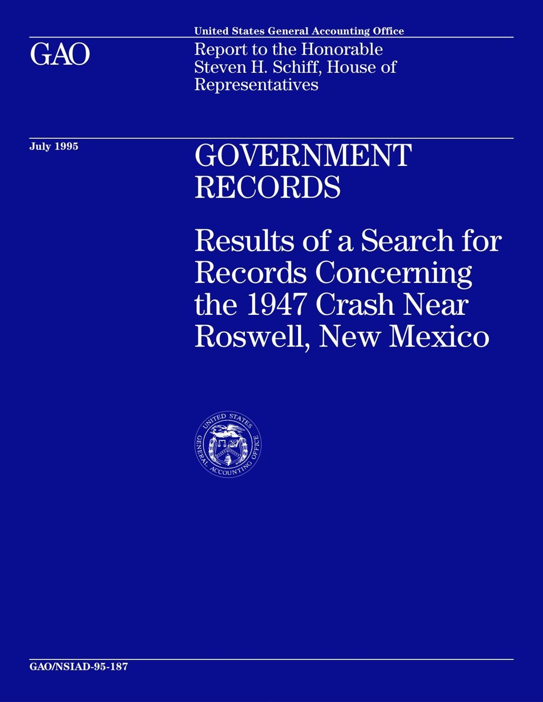 Cover of the GAO report GAO/NSIAD-95-187, a search for records about the 1947 crash near Roswell, New Mexico (July 1995).