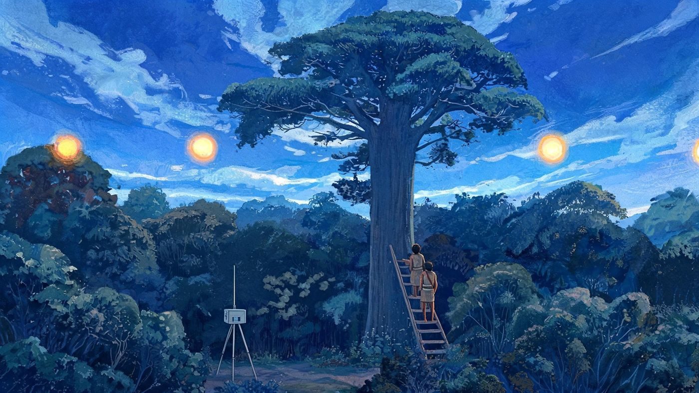 Yawanawá territory, Acre: orange orbs pass west over the canopy near the samaúma tree and Rony Vernet's sensor station.