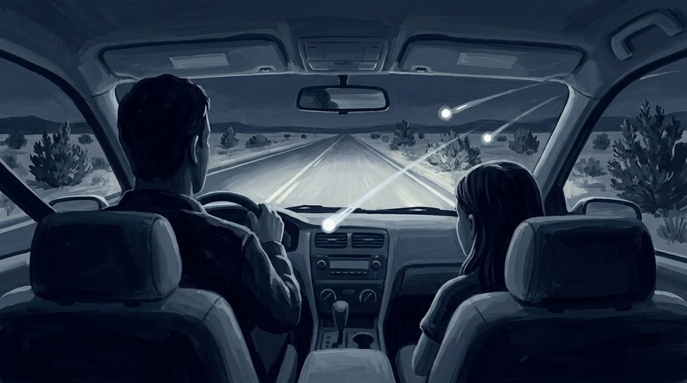 From Colm Kelleher's account (Mystery Wire, 2021): three baseball-sized lights flew at a car near Bend, Oregon at night; one crossed the dashboard and one passed through the driver.