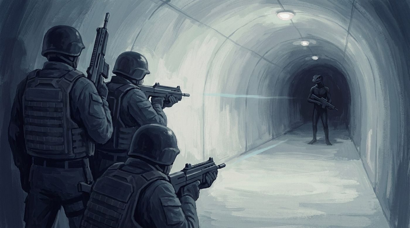 From the account Nick Betts retold on Liberty Risk (Ep. 37, 5 Dec 2025): a special-operations team in a tunnel near Area 51 meets a bipedal, mildly reptilian being armed with the same kind of energy weapon.