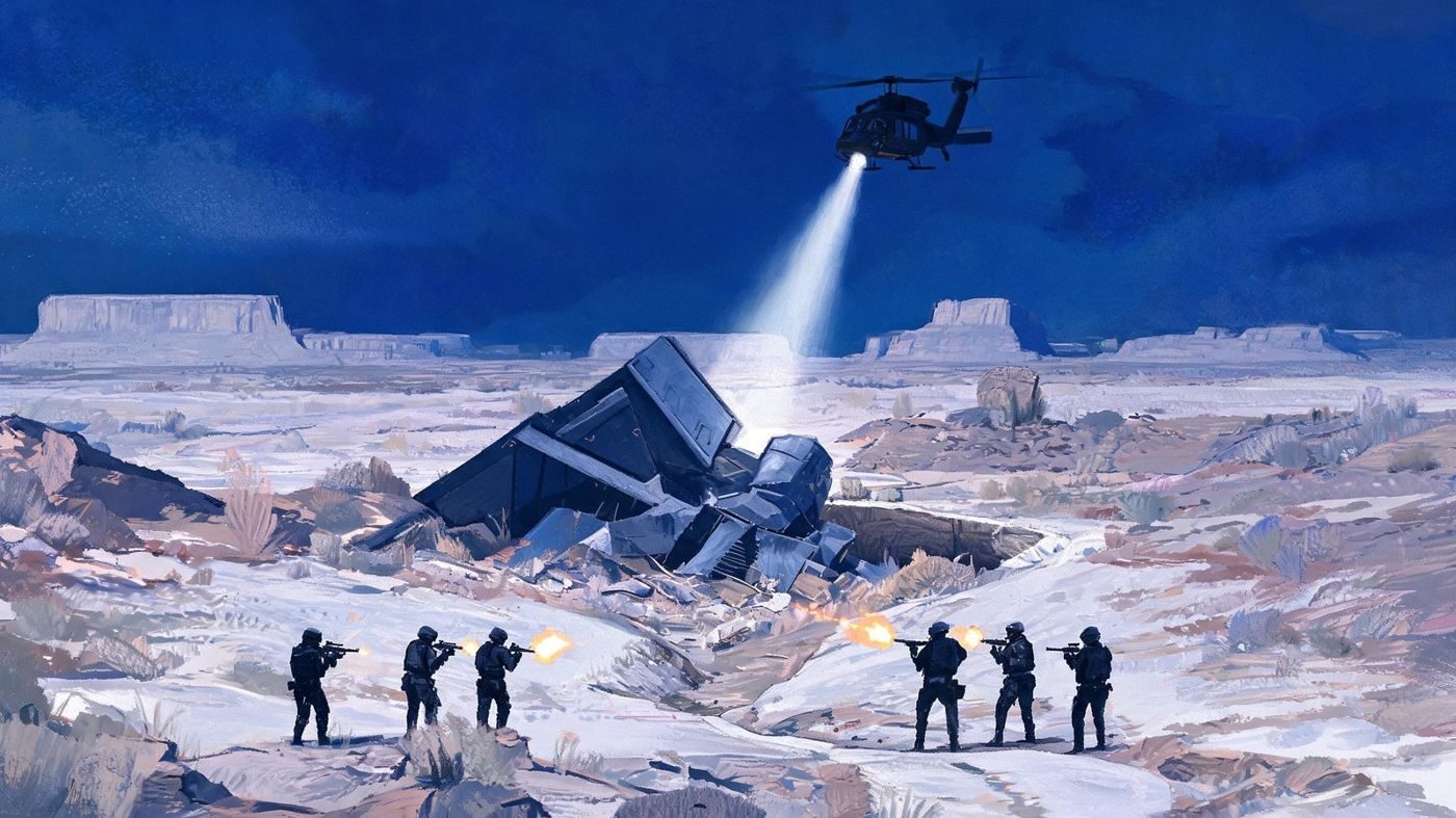 Two recovery teams clashing at night over a downed craft in the Southwest, as the 2004 'blue on blue' accounts describe it.