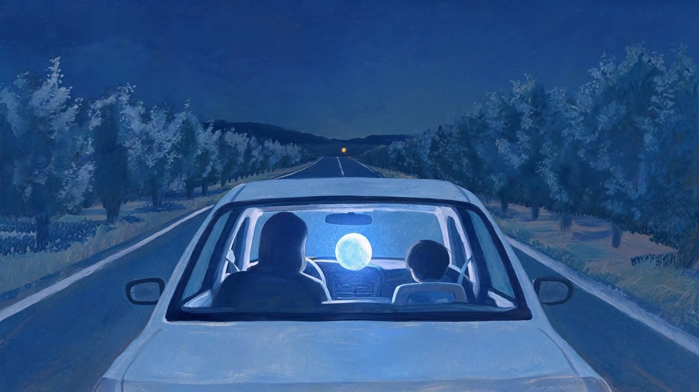 A baseball-size blue orb passing through the driver as she drives with her daughter near Davis, as she describes it (16 August 2007).