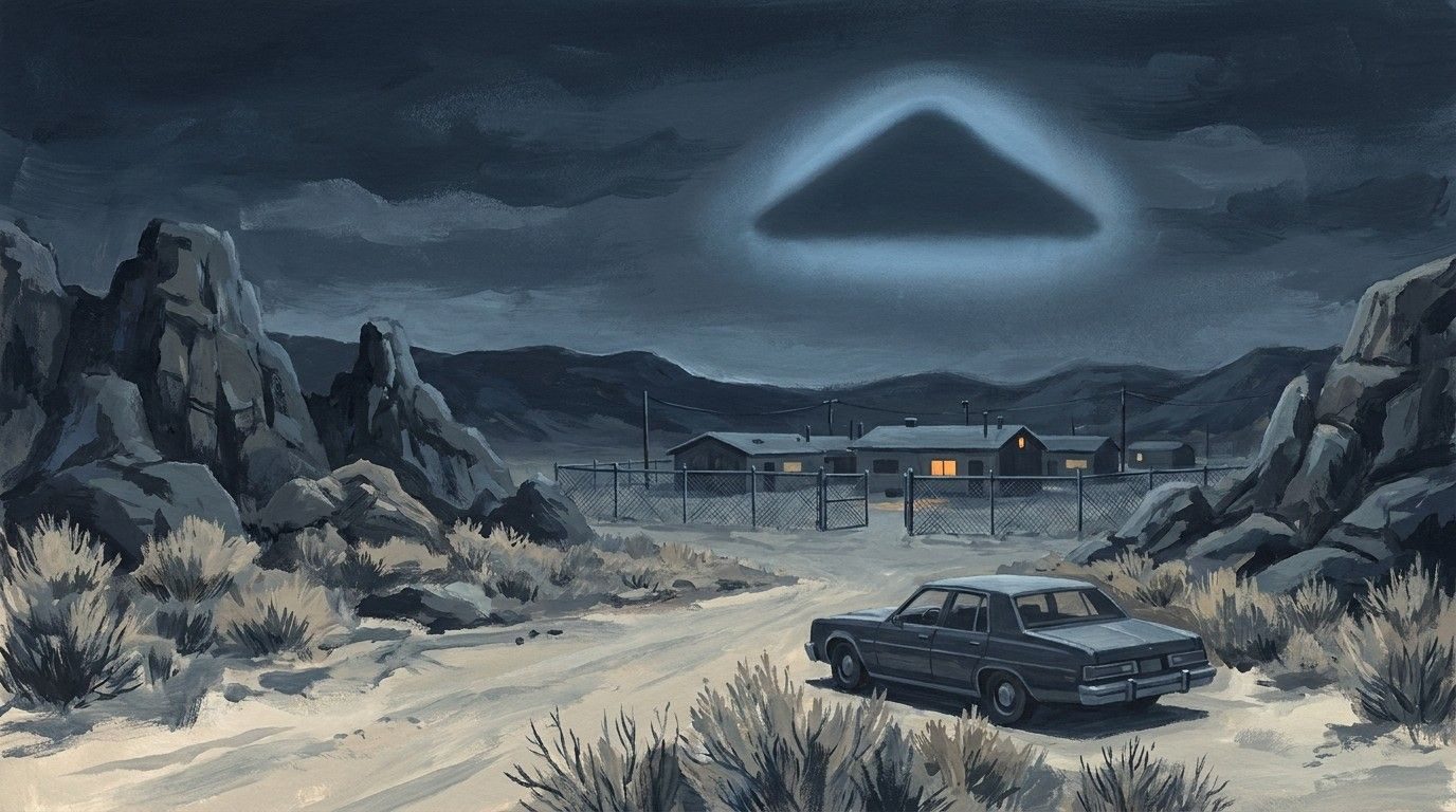 A large blue-glowing triangle hovering near a national security facility at night (illustration).