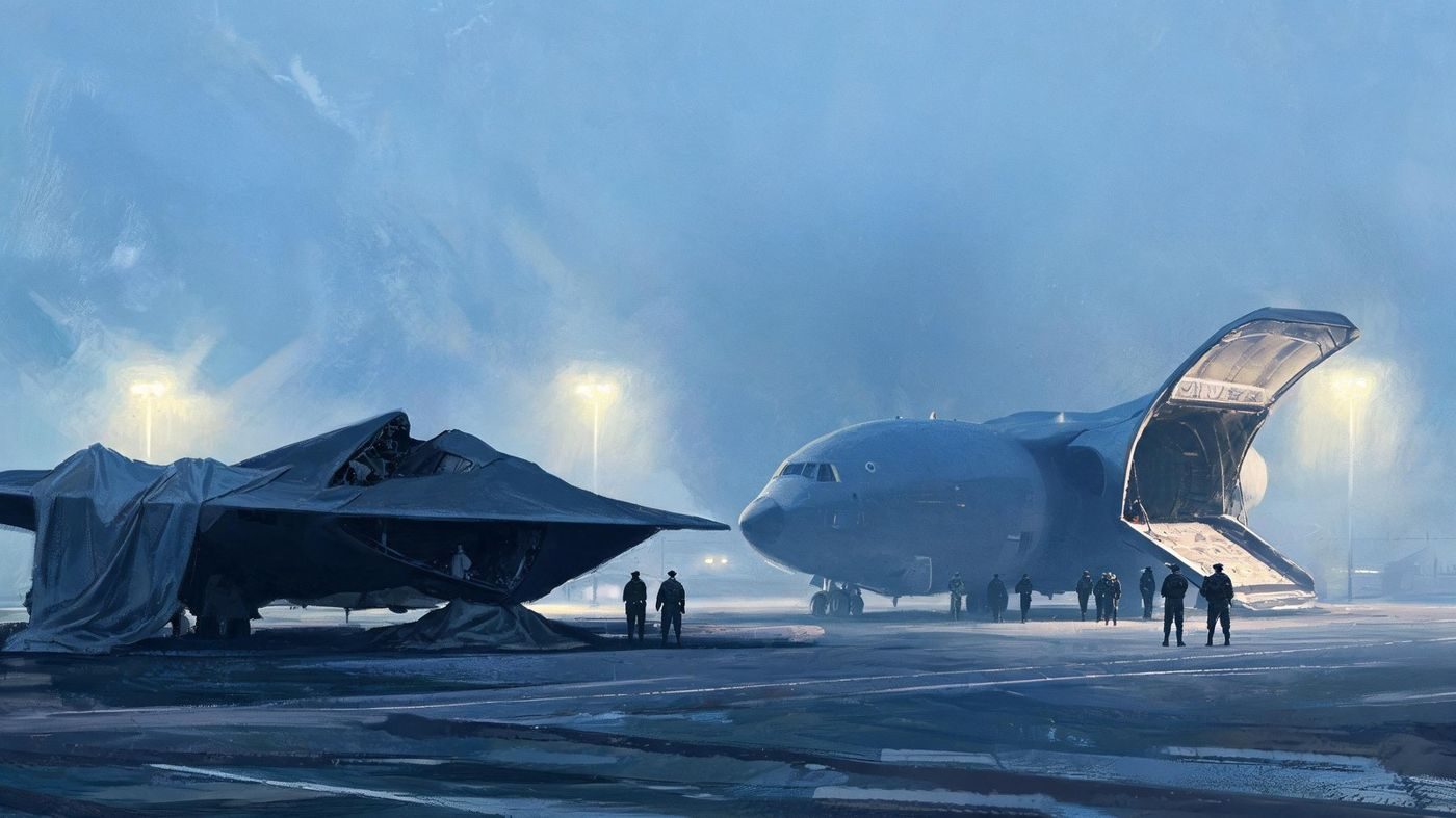 A crashed triangular aircraft at Boscombe Down being readied for a C-5 Galaxy, as reported in September 1994.