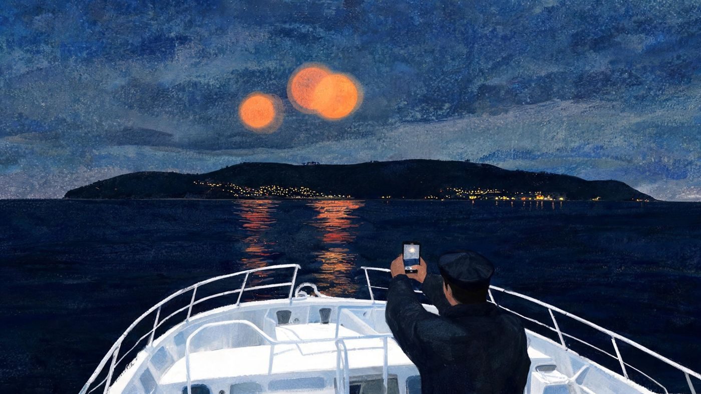 Off Catalina, 13 September 2021: Captain Thor Liesen films orange orbs that merge, split and drop toward the sea.