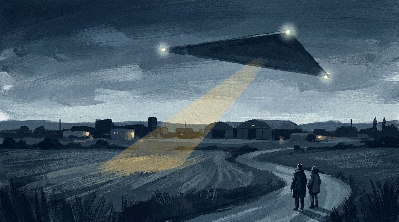 The large triangle reported over RAF Shawbury on the night of 30-31 March 1993, sweeping a beam across the fields (illustration).
