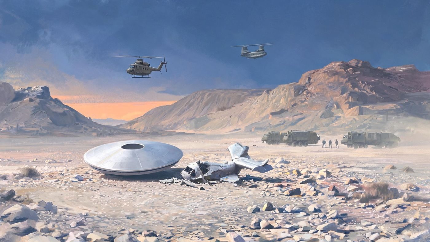 A circular craft beside the wreck of a light plane in the desert near Coyame, with US helicopters arriving, as the Deneb report and Presidio witnesses describe it (August 1974).