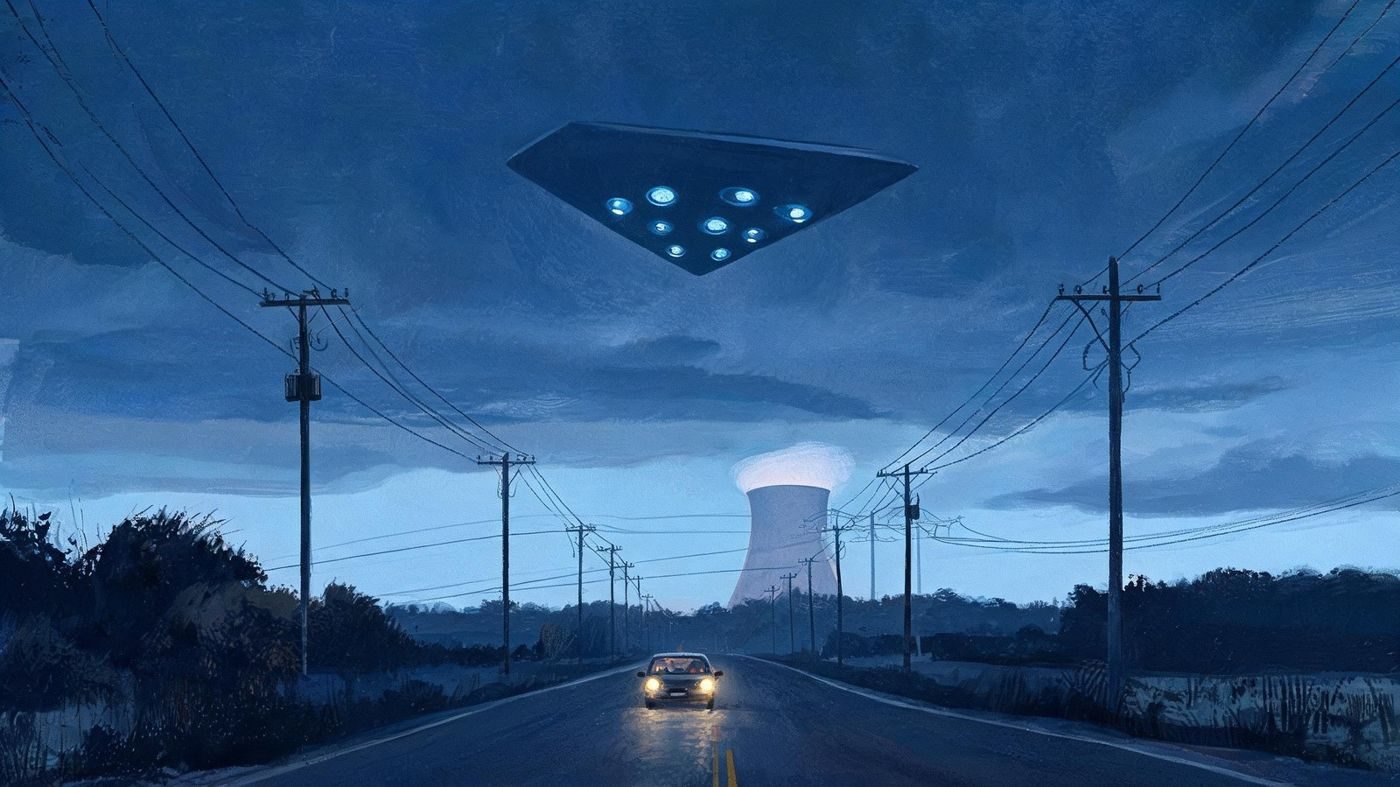 A dark triangle the size of a B-1, with rotating blue lights, over her car near the Arkansas Nuclear One power lines, as the witness describes it (20 April 2009).