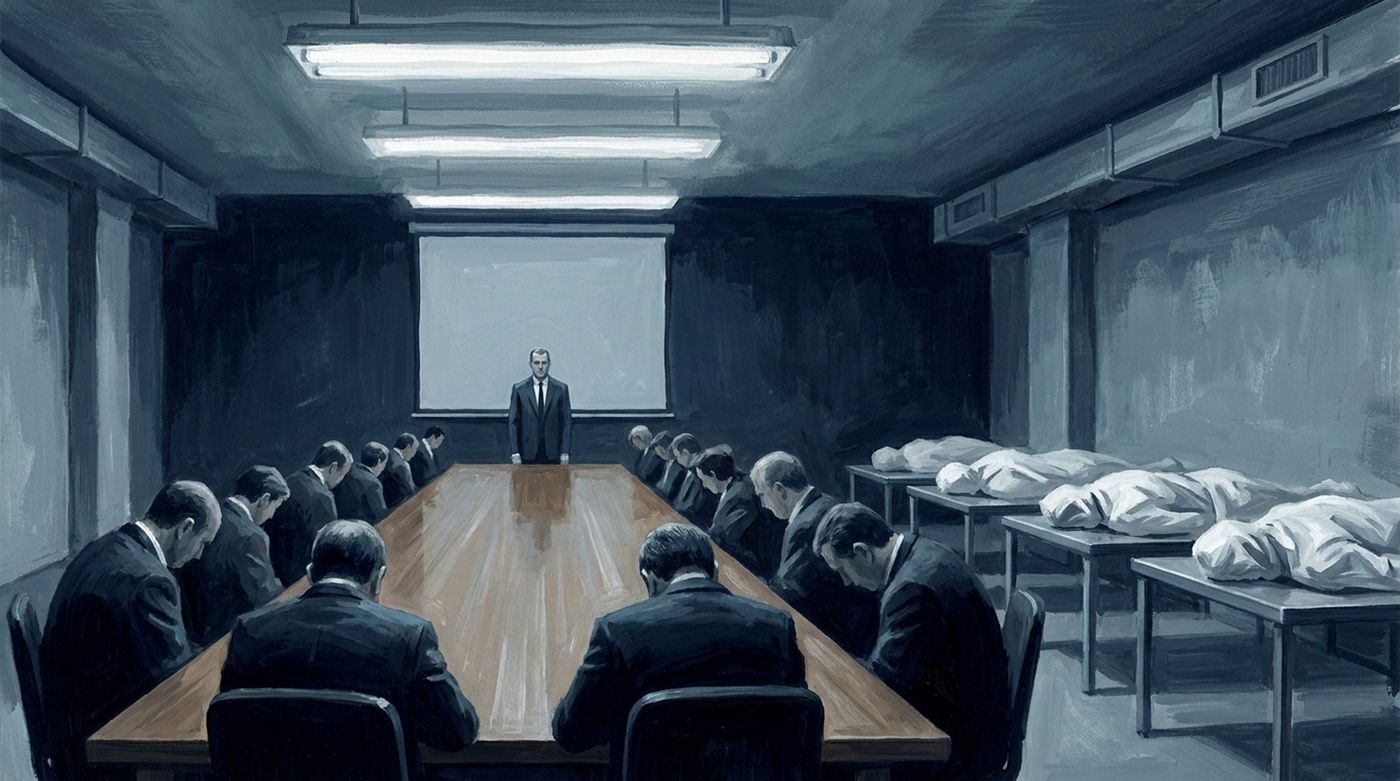 From Rolf Mowatt-Larssen's account (American Alchemy, 2026): new DOE appointees briefed in the headquarters basement with fake props including covered bodies, 2005-2008.