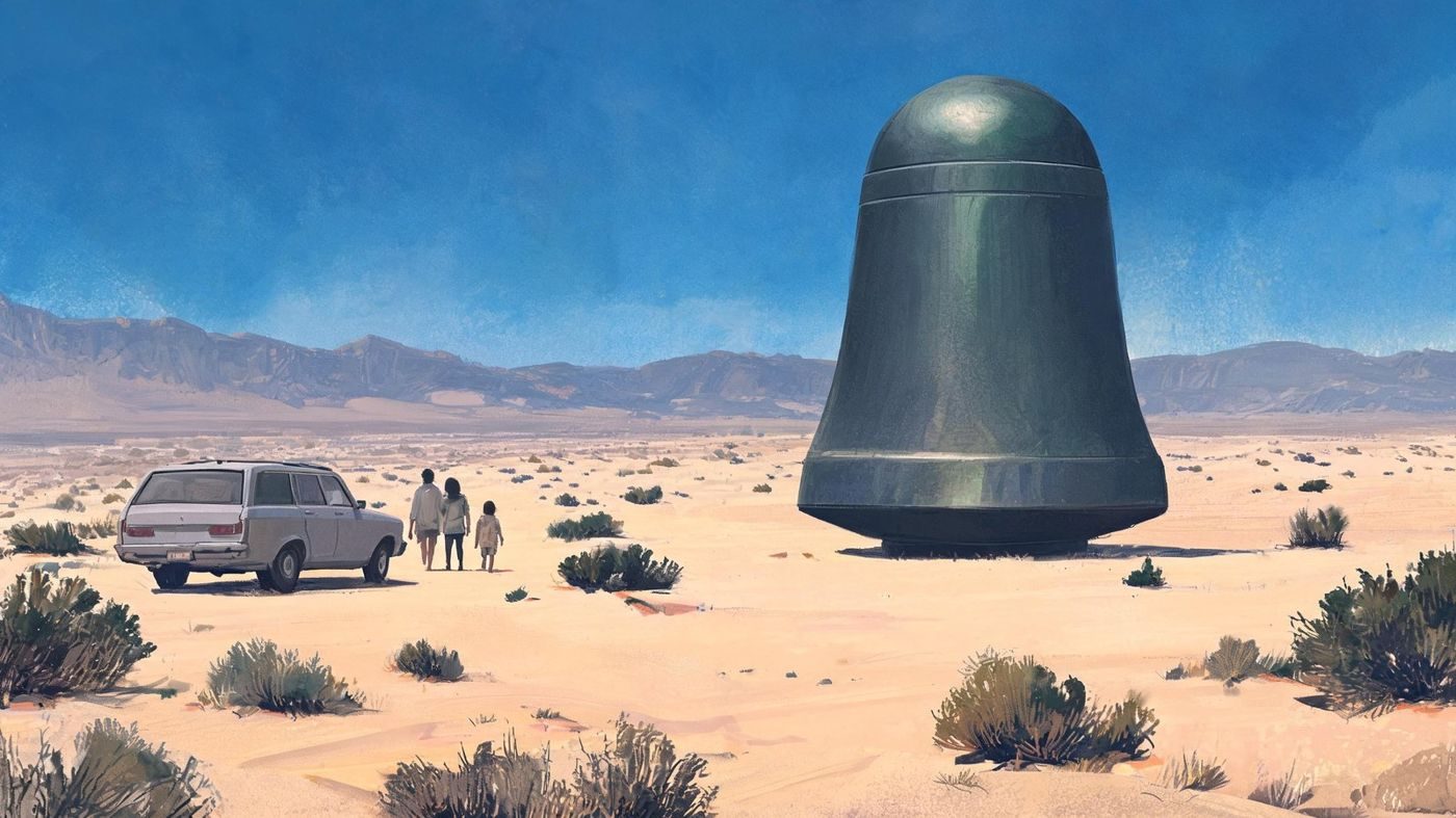 An upright acorn-shaped craft in the desert near Edwards AFB, as the witness describes it (1971).