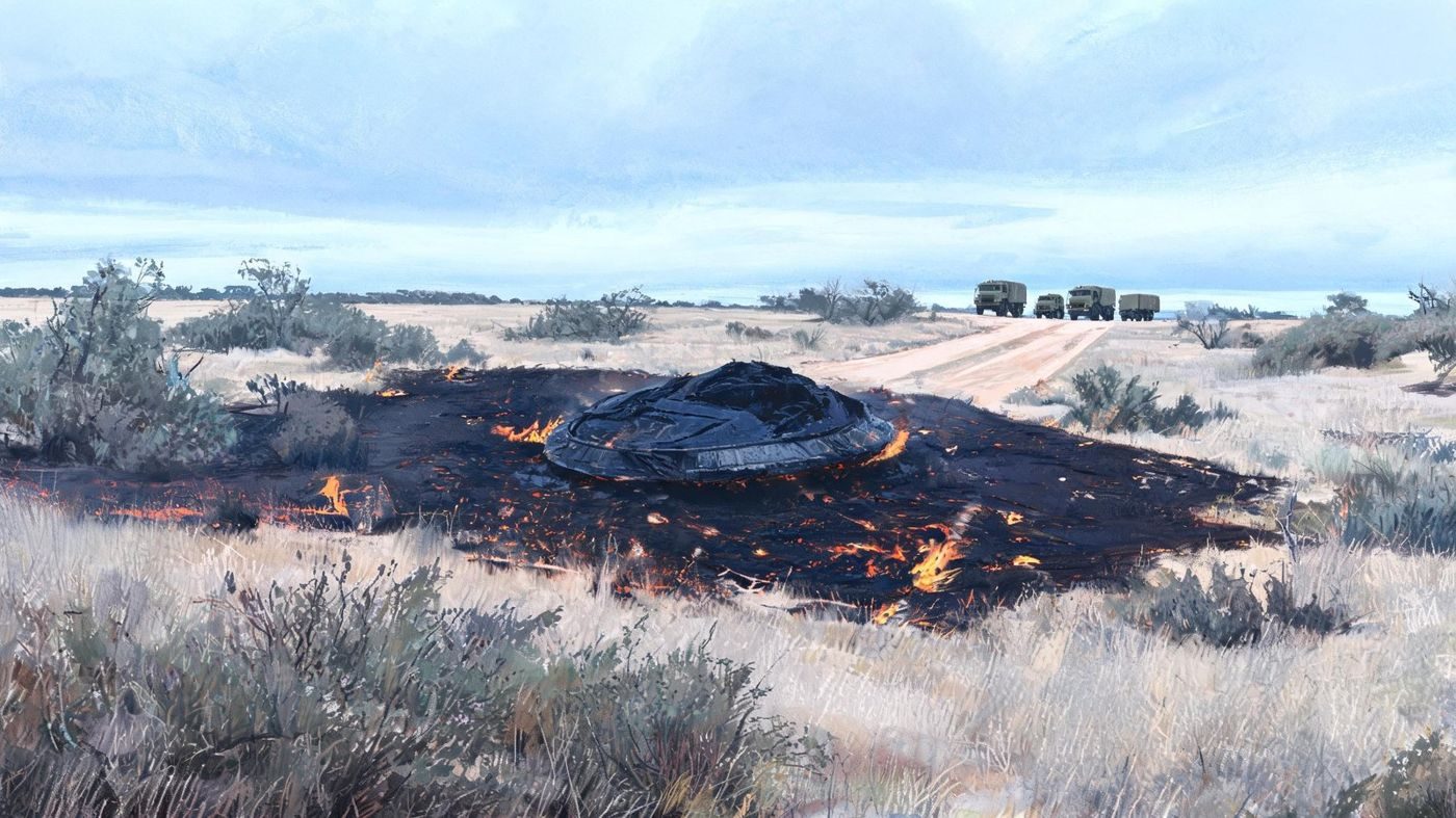 A nearly incinerated craft in burnt ranchland between El Indio and Guerrero, with a military convoy arriving, as the accounts describe it (6 December 1950).