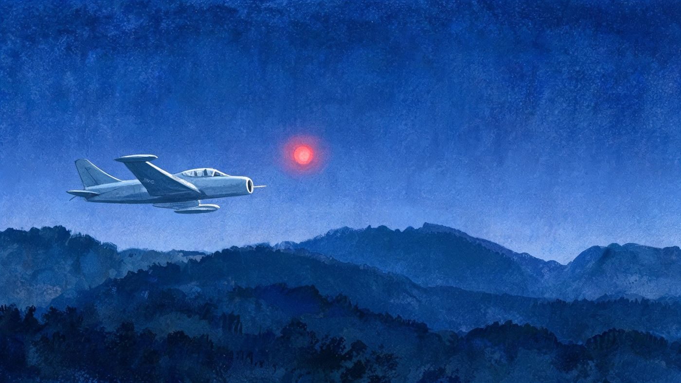 An F-84 Thunderjet climbs toward a red glowing light over the Black Hills, as in the Ellsworth radar-visual chase of 5 August 1953.