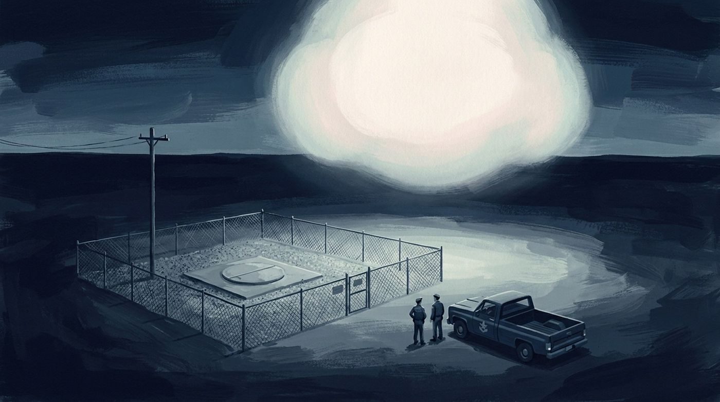 From Mario Woods' account (American Alchemy, 2026): a huge glowing object over a Minuteman launch facility, two security airmen, 1977; shape was not described.